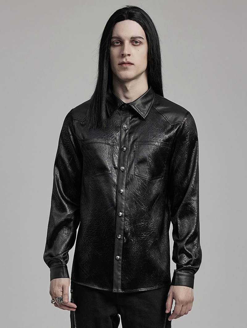 Black Gothic Daily Crack Leather Textured Fitted Men's Shirt