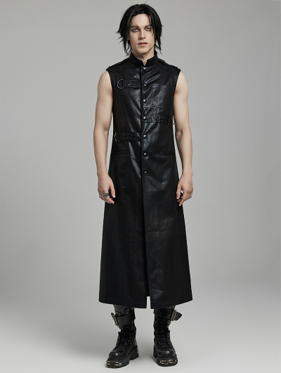 Black Gothic Punk Glossy Texture Long Vest for Men