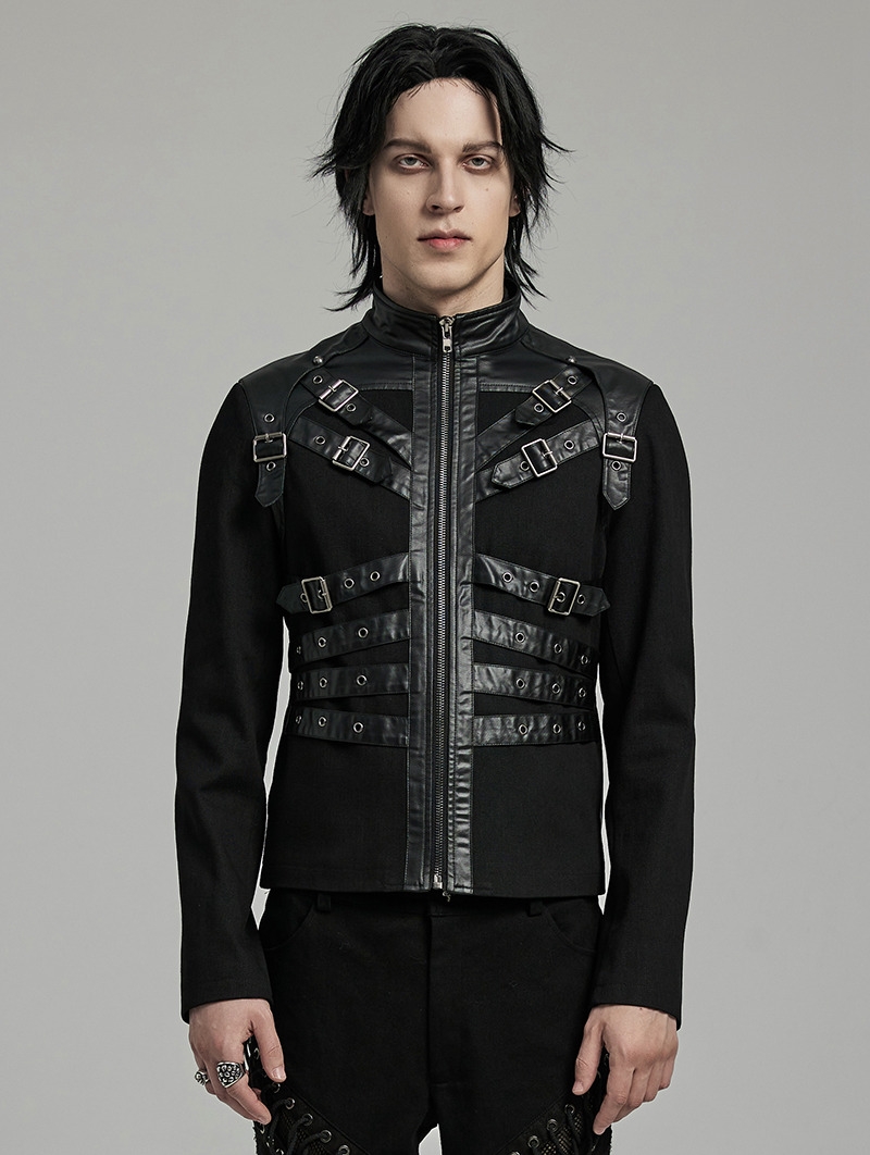 Black Gothic Punk Metal Buckle Handsome Short Coat for Men