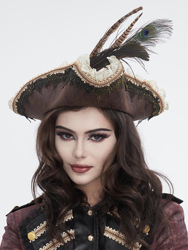 Brown Retro Gothic Lace Ruffle Feather Costume Pirate Hat for Women