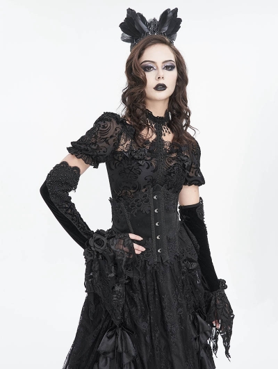 Black Gothic Retro Velvet Rose Beaded Lace-Up Long Gloves for Women