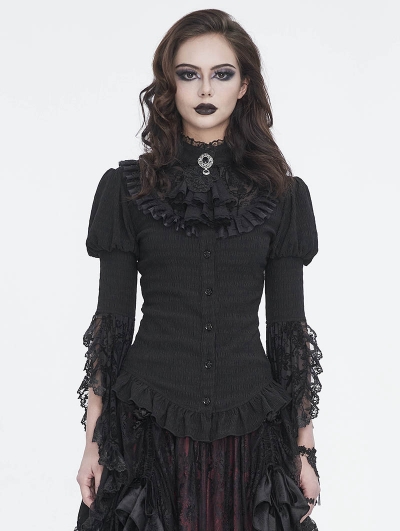 Black Gothic Vintage Trumpet Lace Sleeve Jabot Ruffle Blouse for Women