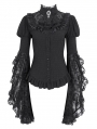 Black Gothic Vintage Trumpet Lace Sleeve Jabot Ruffle Blouse for Women