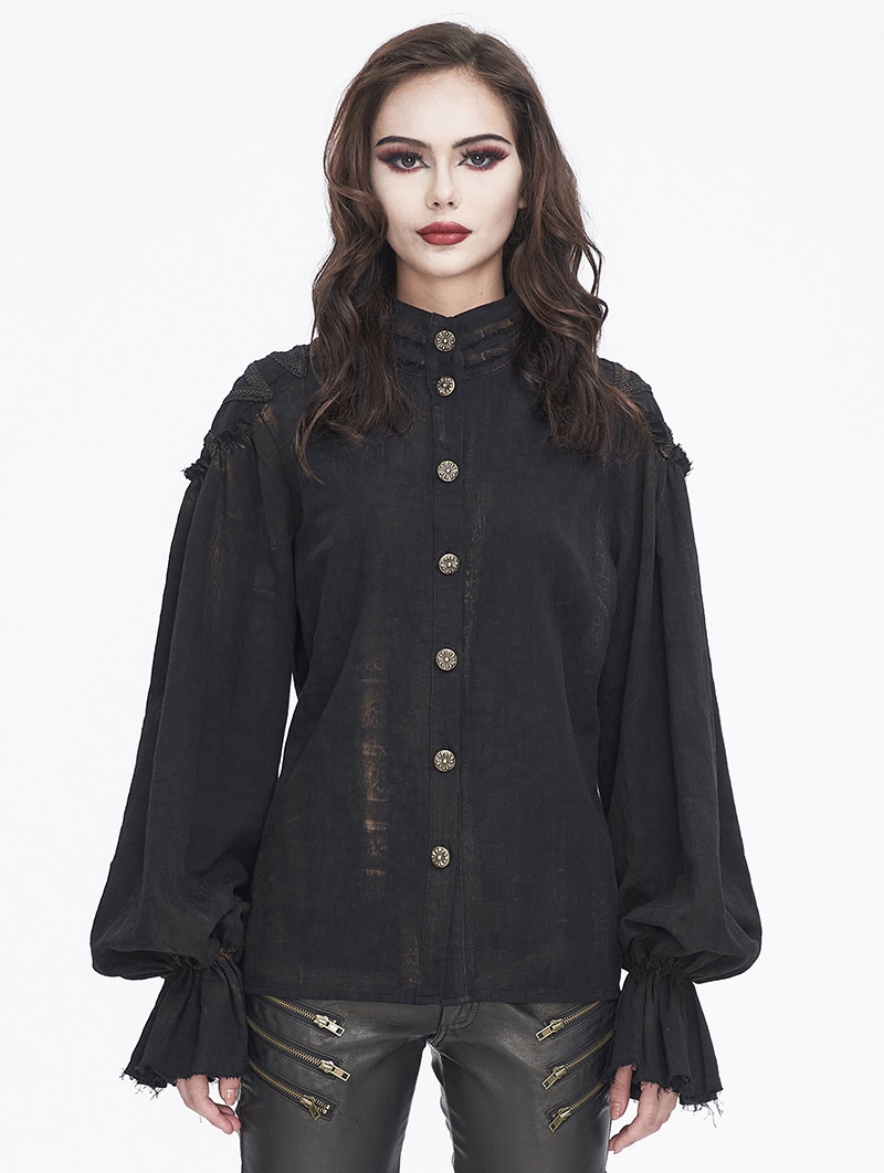 Black Vintage Gothic Lantern Sleeve Button Front Shirt for Women