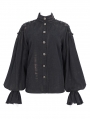 Black Vintage Gothic Lantern Sleeve Button Front Shirt for Women