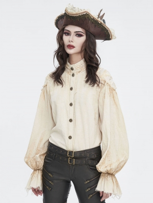 Ivory Vintage Gothic Lantern Sleeve Button Front Shirt for Women