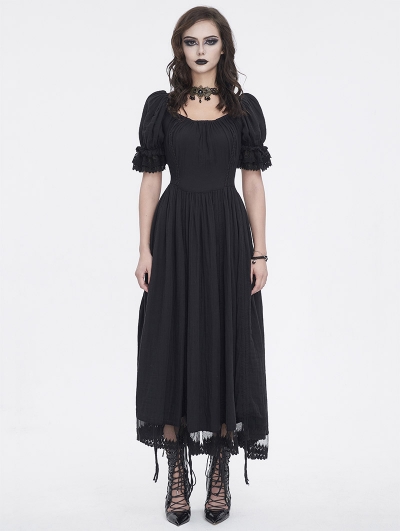 Black Gothic Retro Drawstring Short Sleeve High-Low Dress