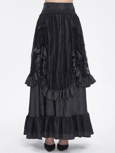 Black Gothic Gorgeous Tiered Lace Ruffle Trim Maxi Party Skirt