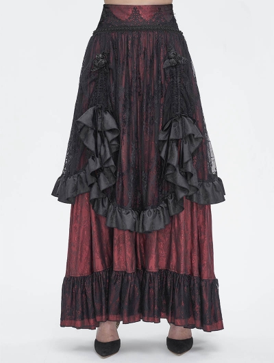 Black and Red Gothic Gorgeous Tiered Lace Ruffle Trim Maxi Party Skirt