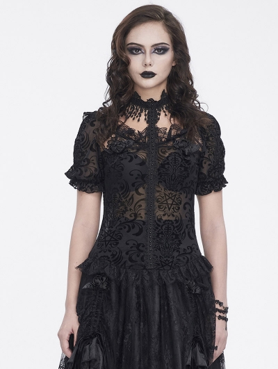 Black Pattern Sexy Mesh Gothic Short Puff Sleeve Top for Women