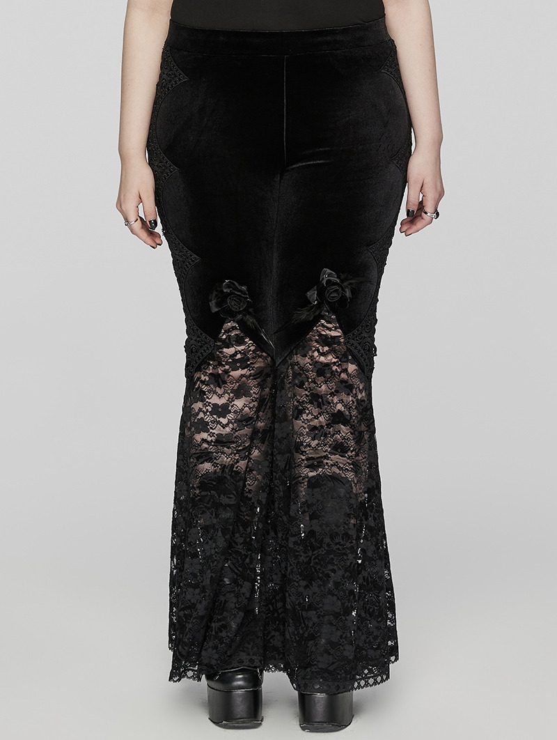 Black Gothic Velvet and Lace Feather Flower Flared Plus Size Pants for Women