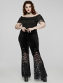 Black Gothic Velvet and Lace Feather Flower Flared Plus Size Pants for Women
