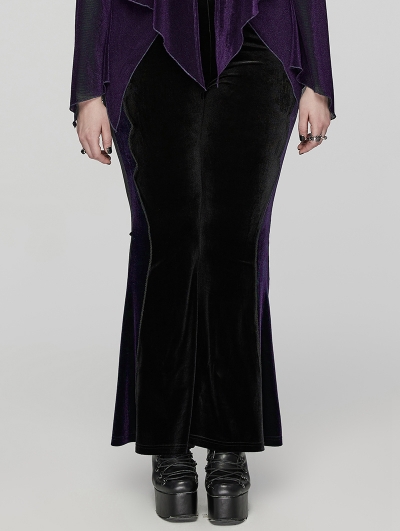 Black and Violet Gothic Velvet Flared Plus Size Pants for Women