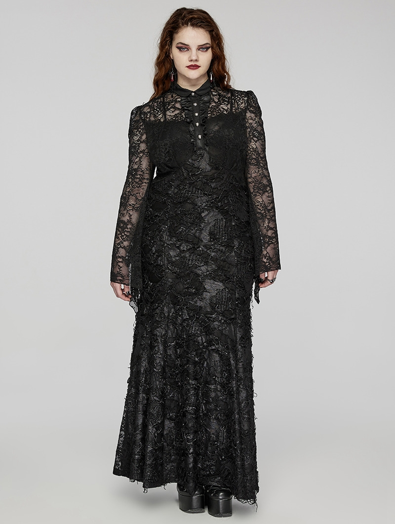 Black Gothic Decadent Vintage Lace Long Sleeve Maxi Plus Size Dress