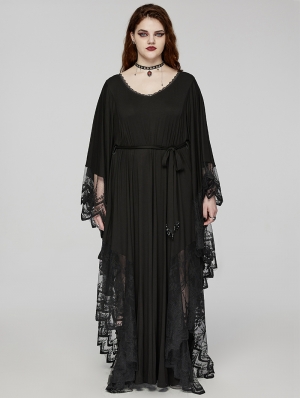 Black Gothic Lace V-Neck Bat Silhouette Loose Plus Size Long Dress