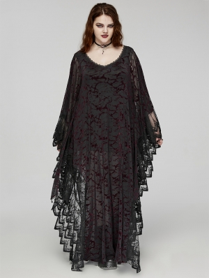 Black and Red Gothic Lace V-Neck Bat Silhouette Loose Plus Size Long Dress