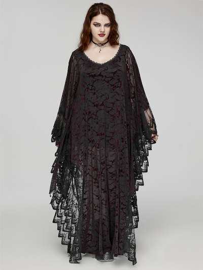 Black and Red Gothic Lace V-Neck Bat Silhouette Loose Plus Size Long Dress