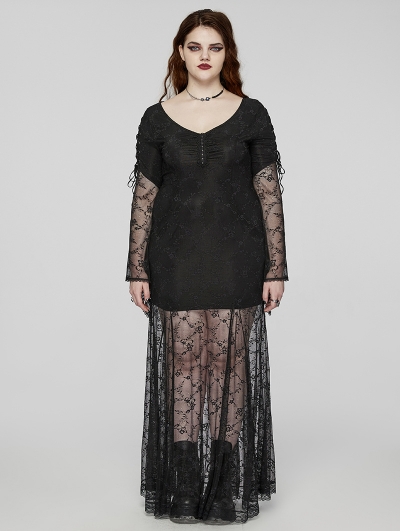 Black Gothic Romantic Goddess Lace Plus Size Long Dress