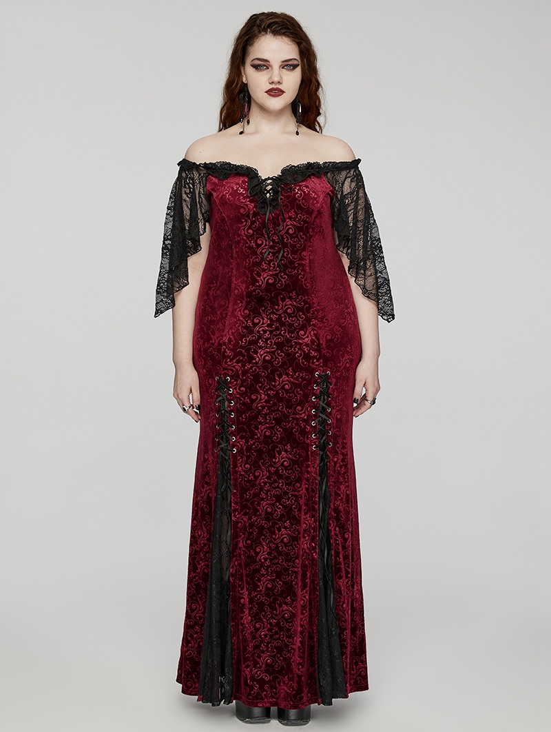 Black and Red Gothic Romantic Off-Shoulder Embossed Velvet Plus Size Long Dress