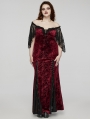 Black and Red Gothic Romantic Off-Shoulder Embossed Velvet Plus Size Long Dress