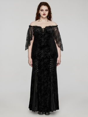 Black Gothic Romantic Off-Shoulder Embossed Velvet Plus Size Long Dress