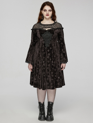 Black Gothic Retro Dark Night Rose Velvet Plus Size Mid-Length Dress
