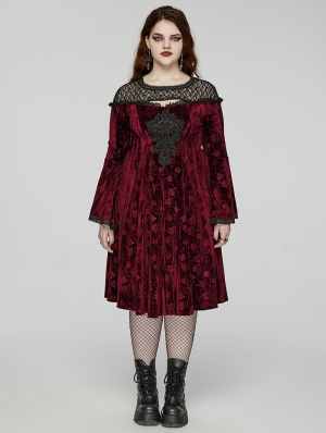 Black and Red Gothic Retro Dark Night Rose Velvet Plus Size Mid-Length Dress