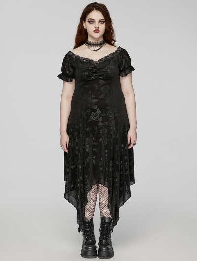 Black Gothic Dark Rose Velvet Mesh Irregular Plus Size Dress