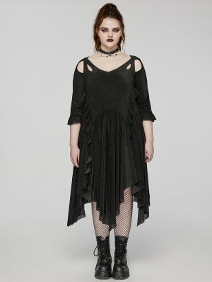 Black Gothic Mesh Irregular Ruffled Hollow Out Plus Size Dress