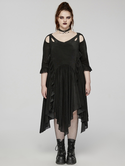 Black Gothic Mesh Irregular Ruffled Hollow Out Plus Size Dress