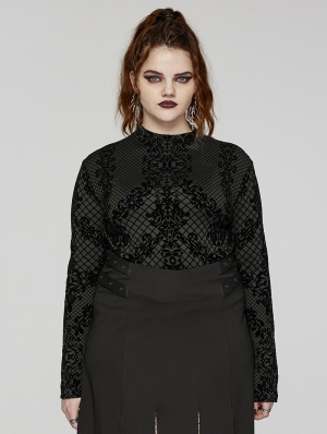 Black Gothic Flocking Knitted Long Sleeve Plus Size T-Shirt for Women