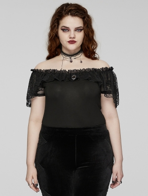 Black Gothic Off-Shoulder Lace Plus Size T-Shirt for Women