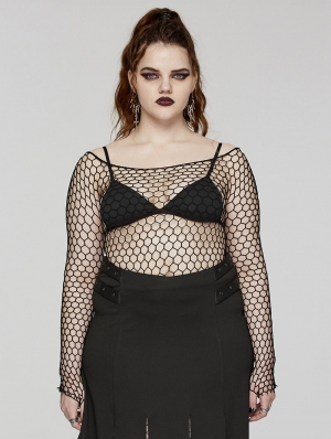 Black Gothic Round Neck Basic Mesh Plus Size T-Shirt for Women