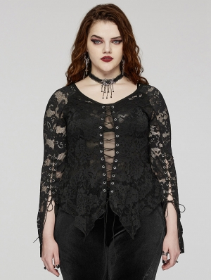 Black Gothic V-Neck Sexy Perspective Lace Plus Size Top for Women