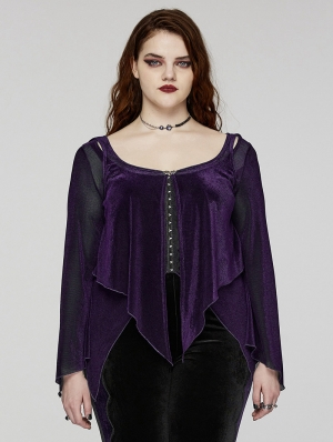 Purple Gothic Velvet Fake Two-Pieced Long Sleeve Plus Size Shirt for Women
