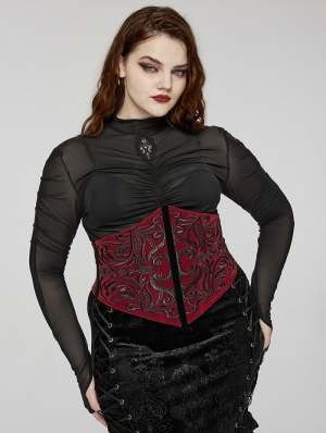 Red Gothic Embroidery Velvet Retro Underbust Corset Plus Size Waistband