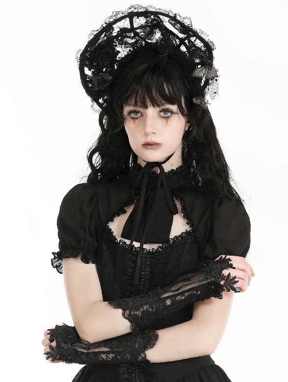 Black Romantic Gothic Rose Lace Appliqued Gloves