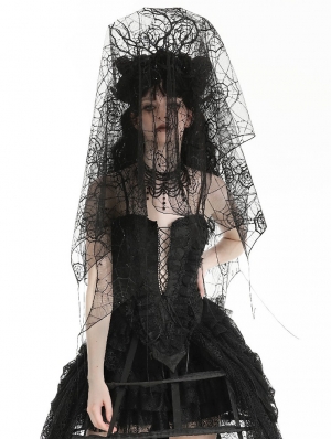 Black Gothic Dark Bridal Spider Web Pattern Mesh Veil