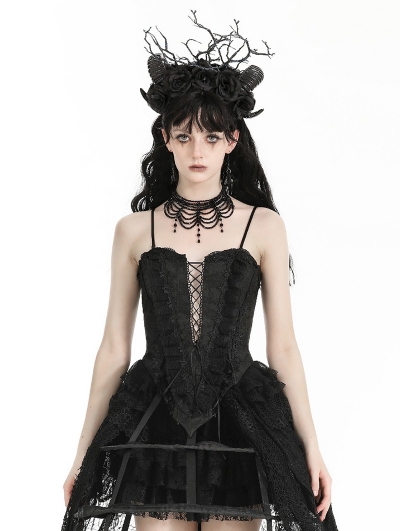 Black Gothic Sexy Deep V-neck Lace Up Jacquard Corset Top for Women