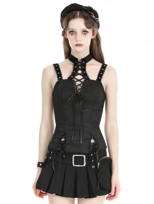 Black Gothic Spiderweb Embossed Lace-Up Corset Top for Women