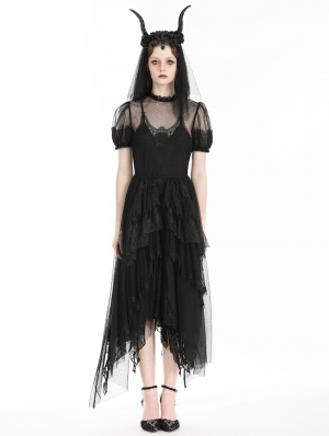 Black Gothic Dark Night Elf Winged Hem Mesh Irregular Dress