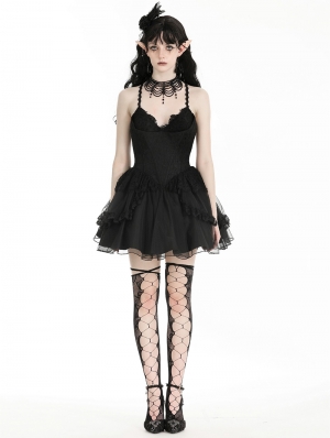 Black Swan Gothic Tulle Lace Trim Tiered Short Dress