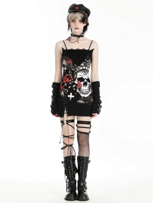 Black Gothic Punk Rose Skull Side Drawstring Bodycon Mini Dress