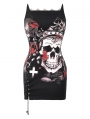 Black Gothic Punk Rose Skull Side Drawstring Bodycon Mini Dress