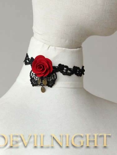 Black Lace Red Flower Romantic Gothic Necklace