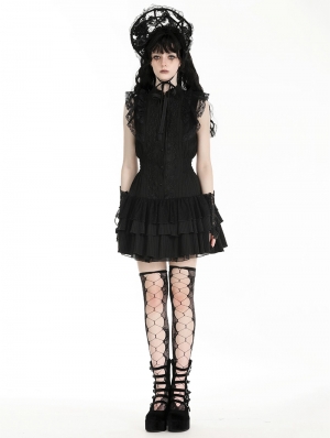Black Gothic Frilly Lace Flutter Sleeve Mini Shirt Dress