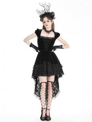 Black Gothic Velvet Cap Sleeve Dark Swallowtail Princess High-Low Dress