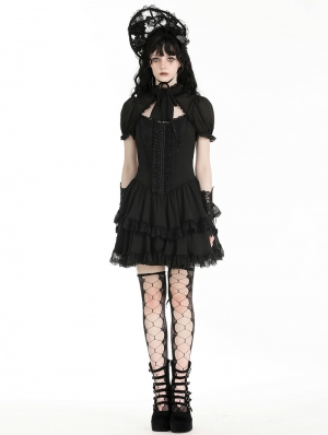 Black Gothic Sweet Daily Wear Puff Sleeve Frilly Short Dress