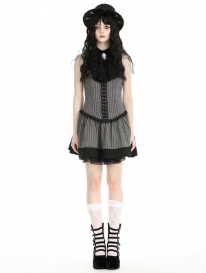 Dark Gray Striped Gothic Preppy Style Sleeveless Short Dress