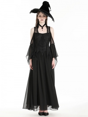 Black Halloween Witch Gothic Off-the-Shoulder Chiffon Maxi Dress